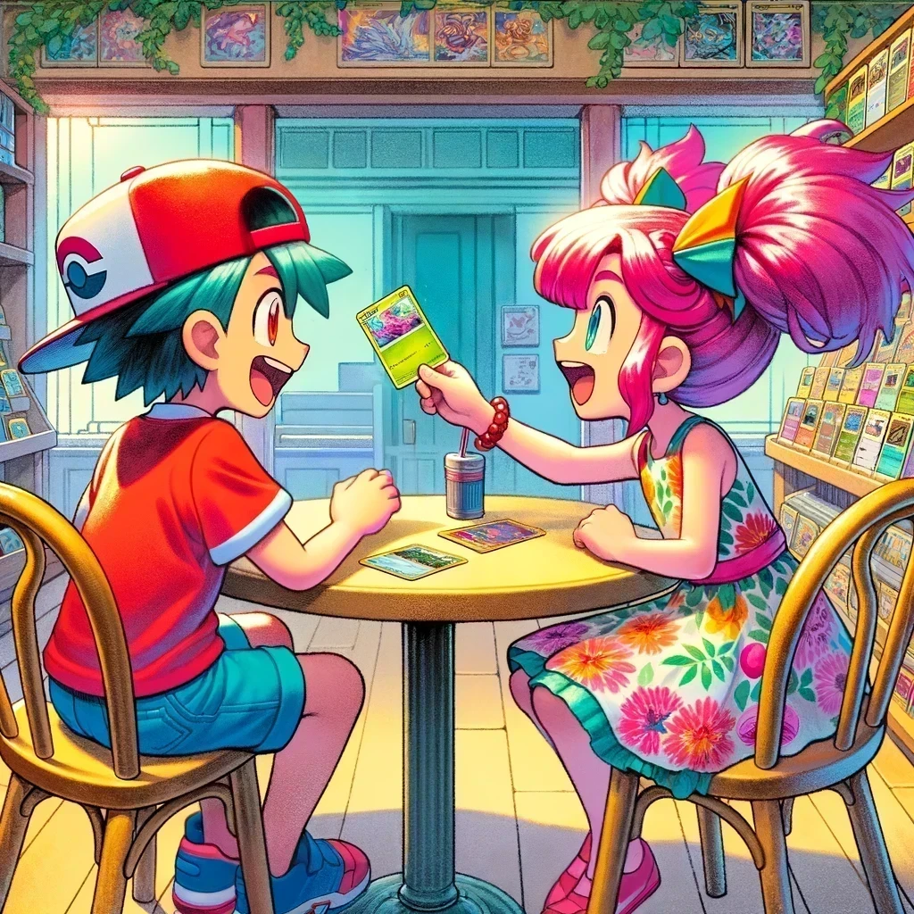 DALL·E-2024-05-03-03.49.05-A-further-panned-out-view-of-a-young-boy-and-girl-sitting-at-a-table-in-a-collectible-card-game-shop-styled-in-a-Pokemon-illustration.-The-boy-aroun
